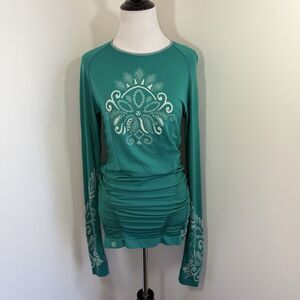 Athleta Tunic Top XS Long Sleeve Twist Ruched Teal Blue Tribal Snow Thumbholes